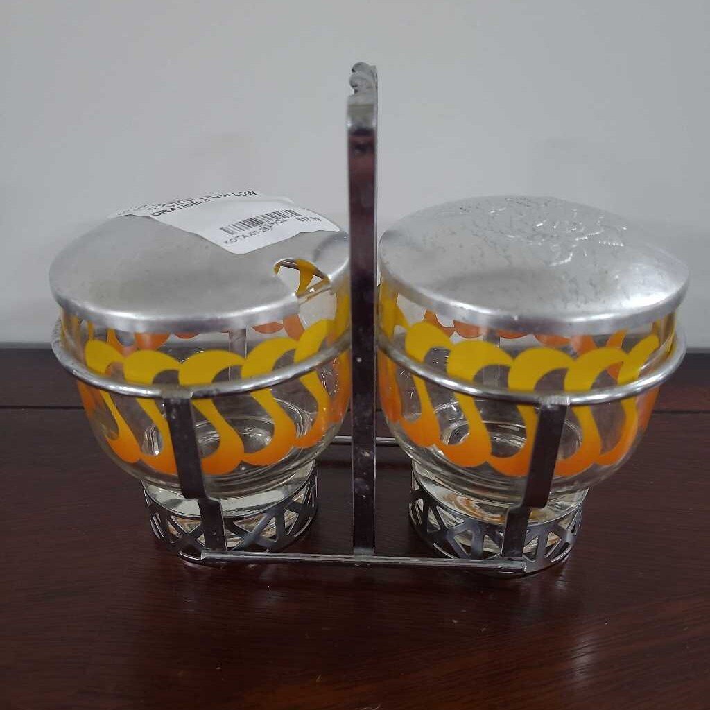 VTG LIBBEY 3 PC. CONDIMENT SET WITH LIDS - ORANGE & YELLOW
