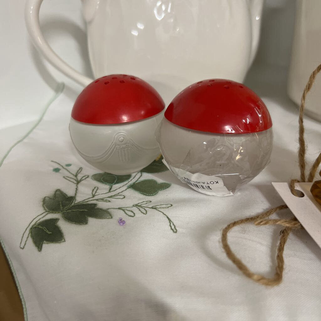 VTG OWENS ILLINOIS JAR FROSTED S & P SHAKERS WITH RED TOPS GLASS ART