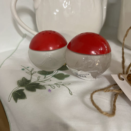 VTG OWENS ILLINOIS JAR FROSTED S & P SHAKERS WITH RED TOPS GLASS ART