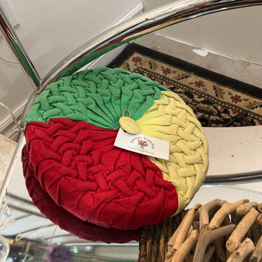 VINTAGE SMOCKED MULTI COLOUR ROUND PILLOW WITH BUTTON CENTRE