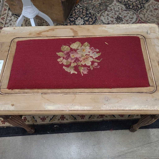 ANTIQUE WOODEN STOOL WITH EMBROIDERED SEAT