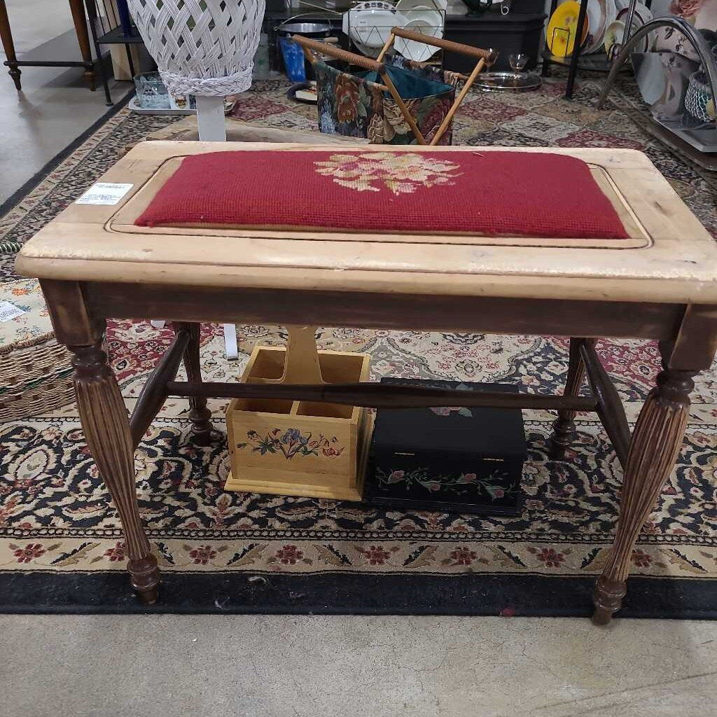 ANTIQUE WOODEN STOOL WITH EMBROIDERED SEAT