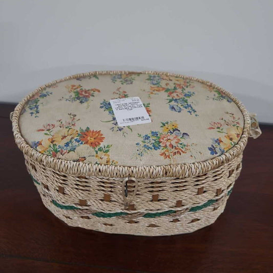 VINTAGE SEWING BASKET WITH VINYL FLORAL TOP