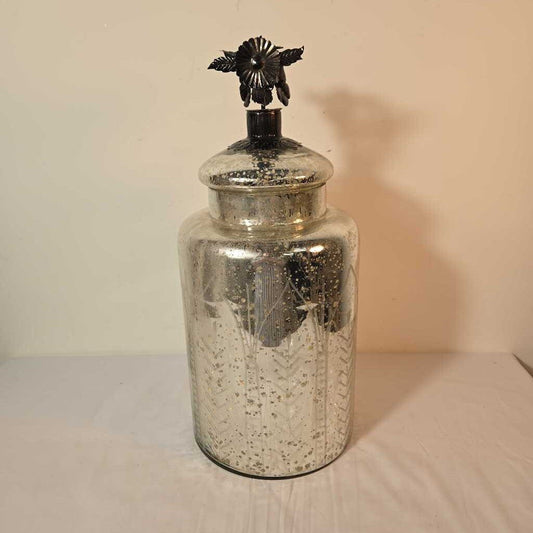 MERCURY GLASS LIDDED JAR W/METAL FLORAL LID