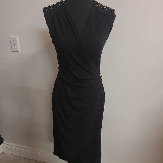 BLACK WRAP DRESS WITH GOLD DETAILING