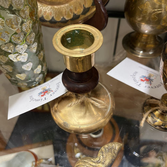 VTG BRASS & WOOD CANDLESTICK HOLDER