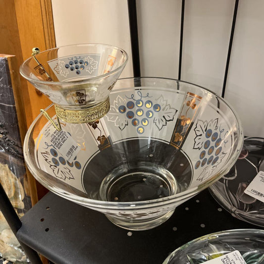 VTG 1960'S ANCHOR HOCKING GOLDEN GRAPES CHIP & DIP W/GOLD EDGING