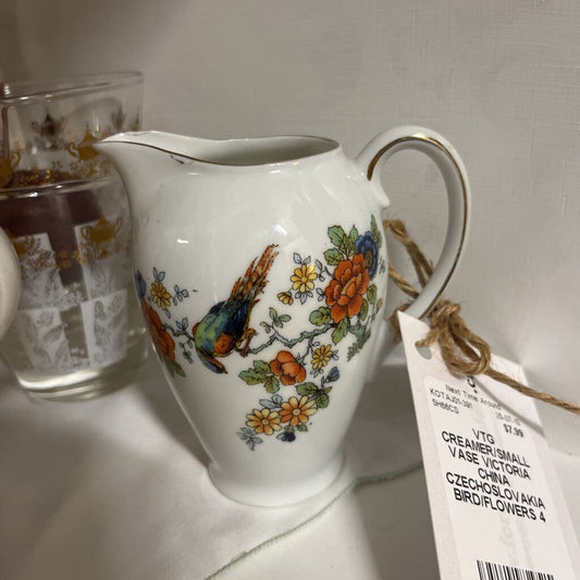 VTG CREAMER/SMALL VASE VICTORIA CHINA CZECHOSLOVAKIA BIRD/FLOWERS