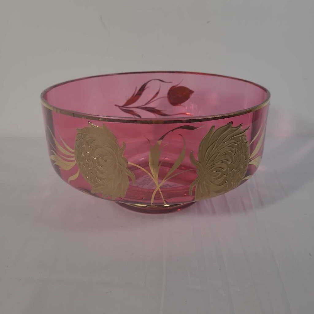 CRANBERRY GLASS BOWL WITH GOLD LEAF OVERLAY