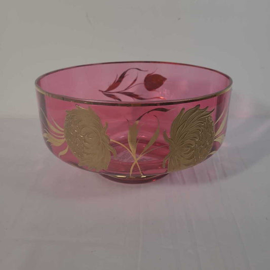 CRANBERRY GLASS BOWL WITH GOLD LEAF OVERLAY