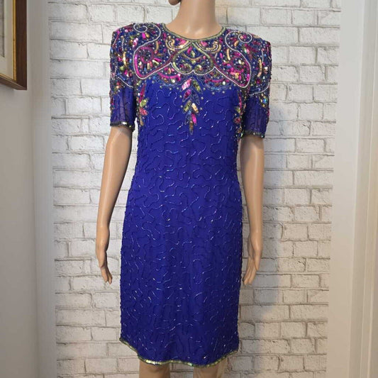 Vintage Laurence Kazar 1980s Beaded Dress - Blue