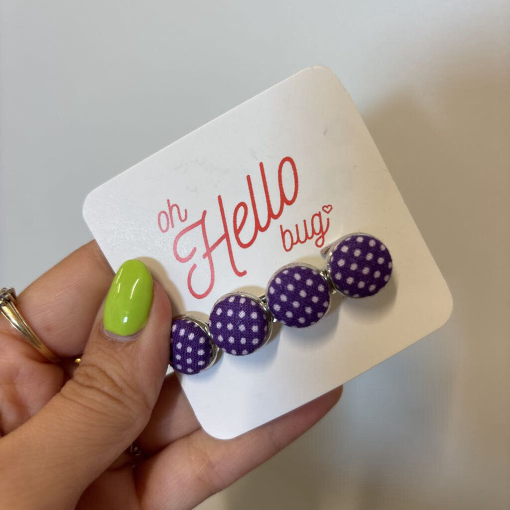 BARRETTES - WHITE/PURPLE POLKA DOTS