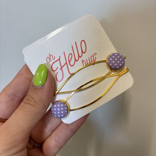 HAIR PINS - WHITE/PURPLE POLKA DOTS