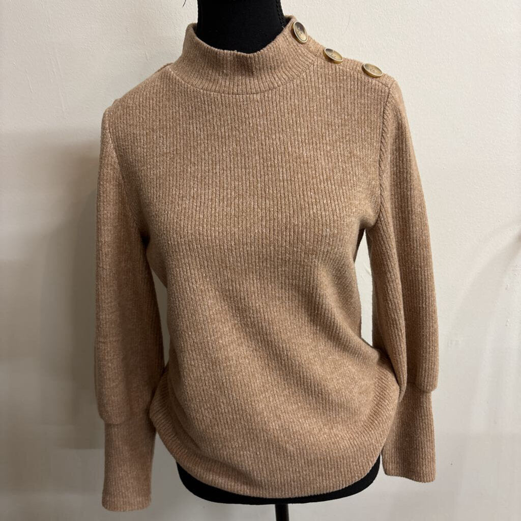 MOCK-NECK BUTTON DETAILED TAN SWEATER