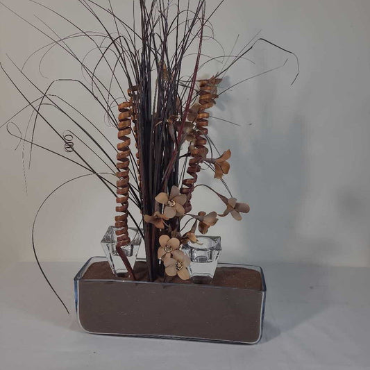 GLASS CANDLE HOLDER W/FAUX FLOWERS & SAND