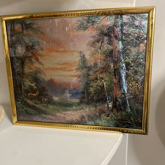 VTG FOIL PRINT FRAMED FOREST WITH DEER WALL ART