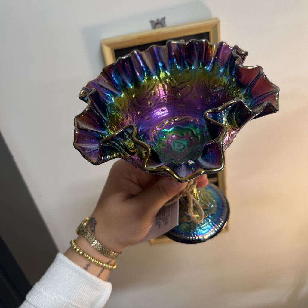 VTG FENTON AMETHYST CARNIVAL GLASS COMPOTE