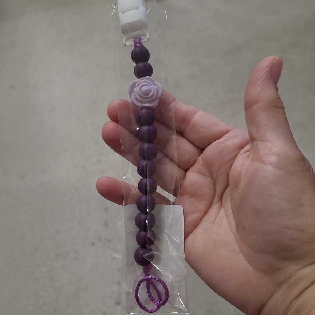 Silicone Pacifier Clip - Purple w Mini Rose