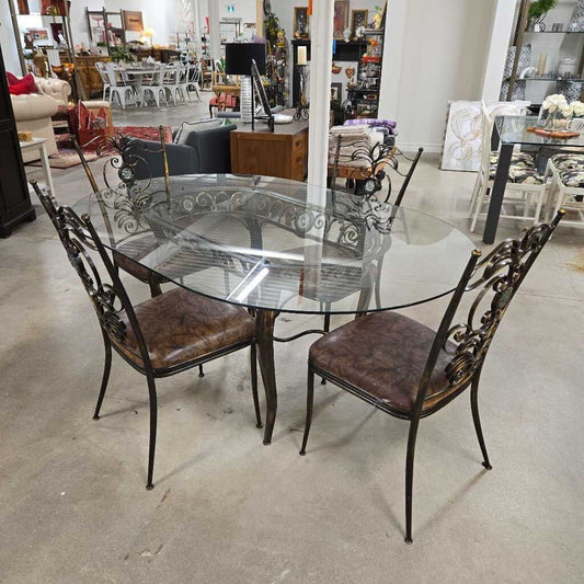 GLASS TOP DINING TABLE W/4 WROUGHT IRON CHAIRS