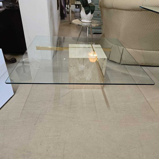BRASS, GLASS & TRAVERTINE COFFEE TABLE