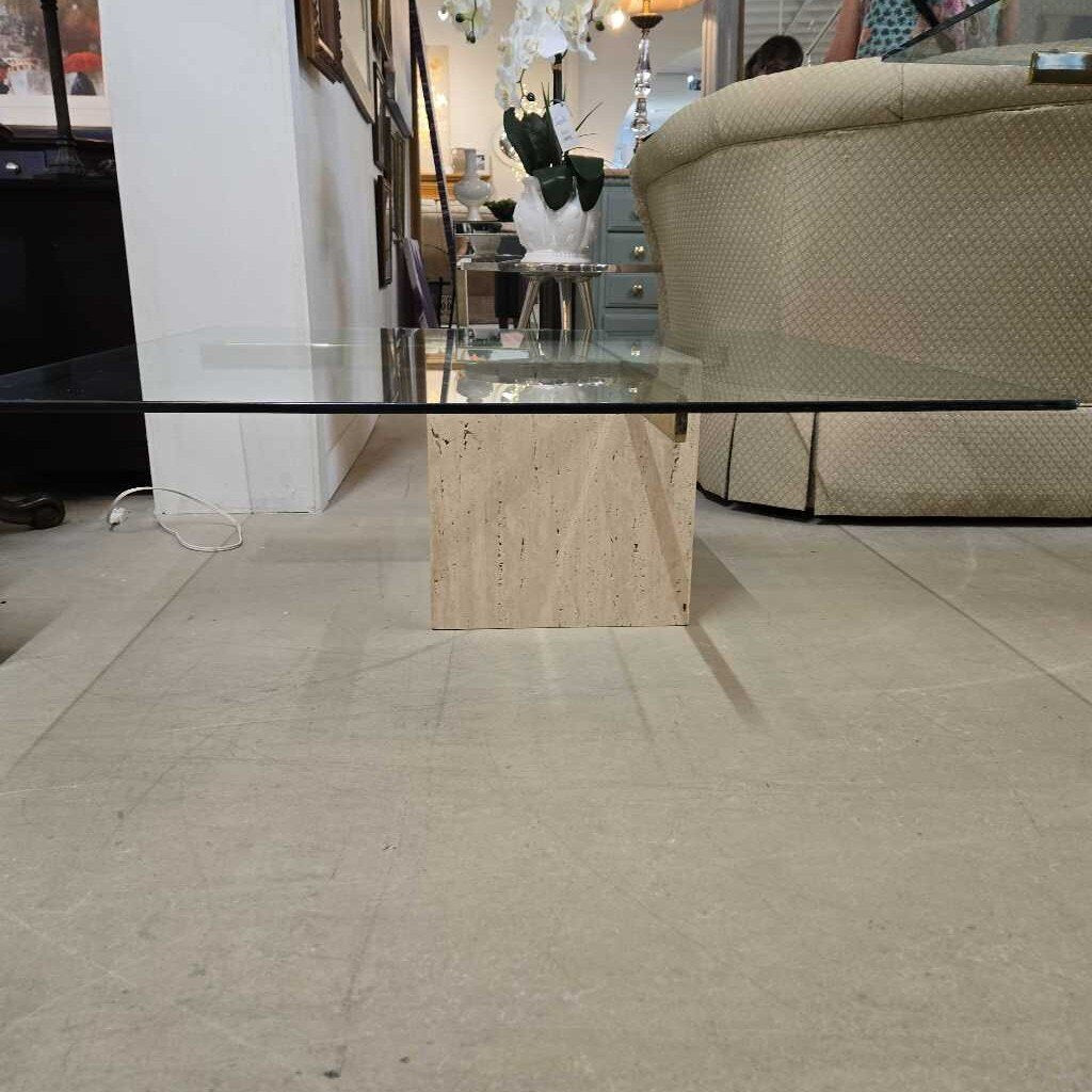 BRASS, GLASS & TRAVERTINE COFFEE TABLE