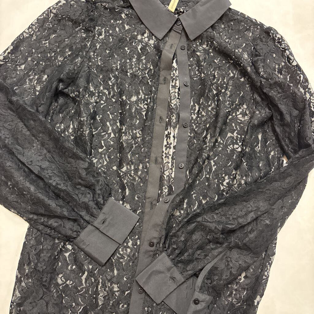 BLACK LACE BUTTON-UP COLLARED SHIRT
