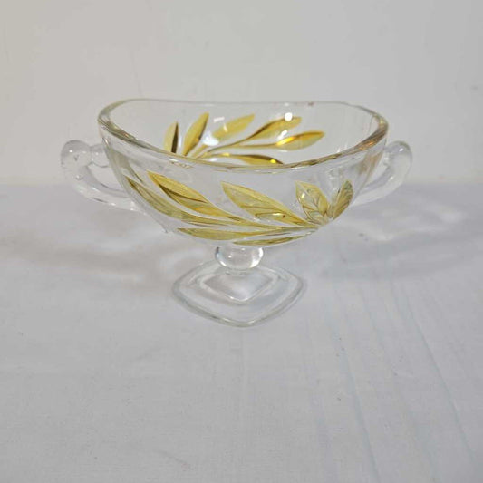 FOOTED GLASS BOWL W/YELLOW LEAVES