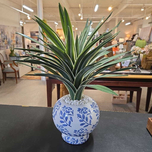 BLUE/WHITE CERAMIC VASE W/FAUX GREENERY