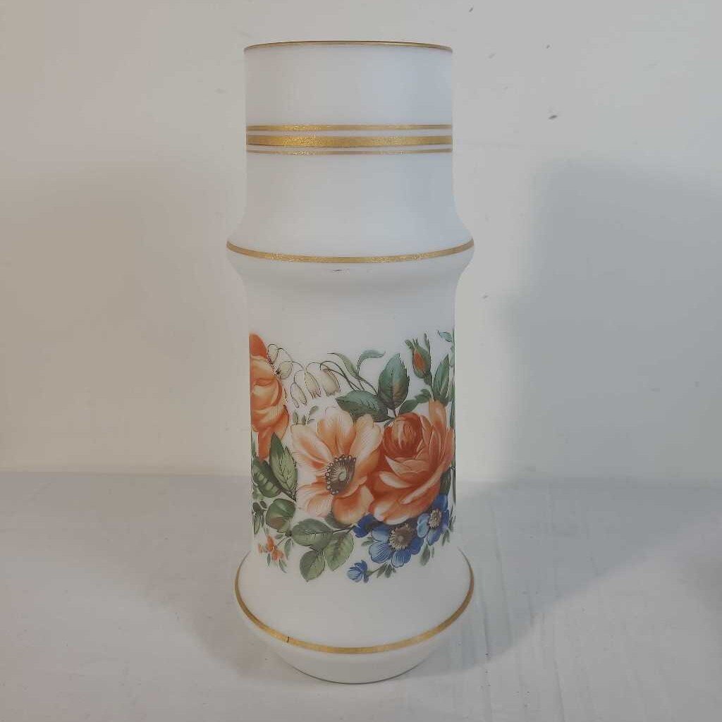 FROSTED WHITE GLASS VASE W/FLORAL PATTERN