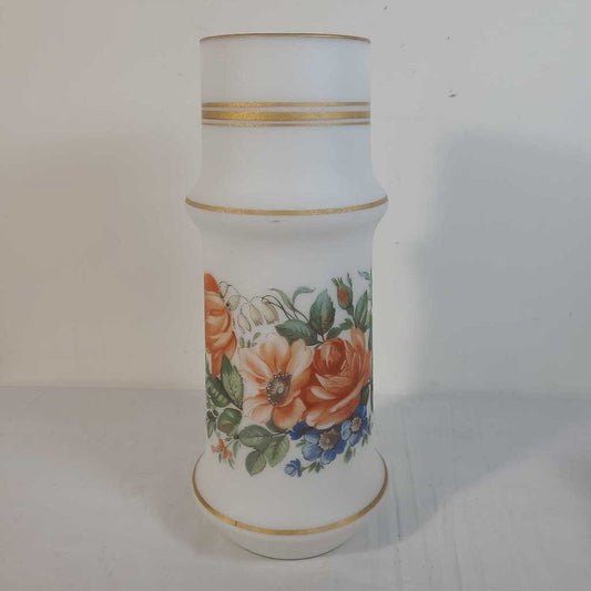 FROSTED WHITE GLASS VASE W/FLORAL PATTERN