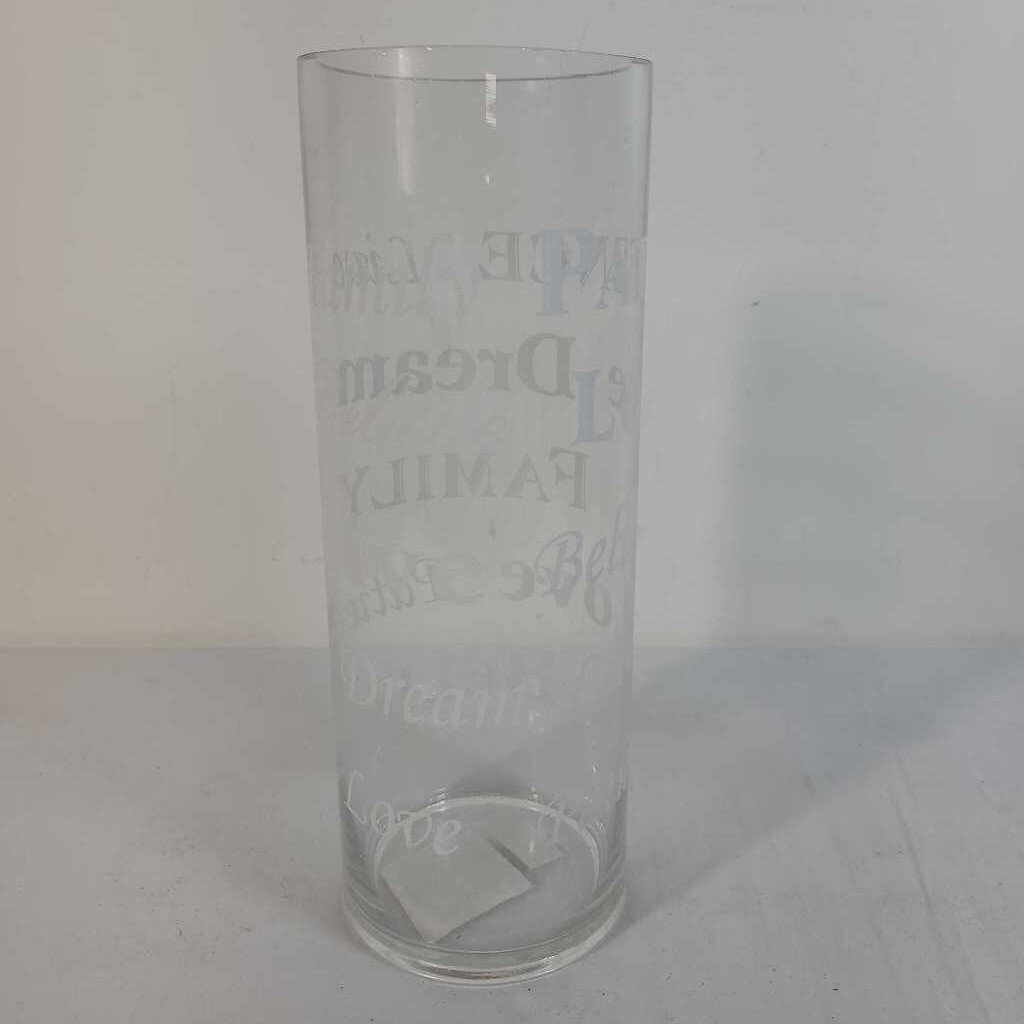 GLASS VASE W/ WRITTING
