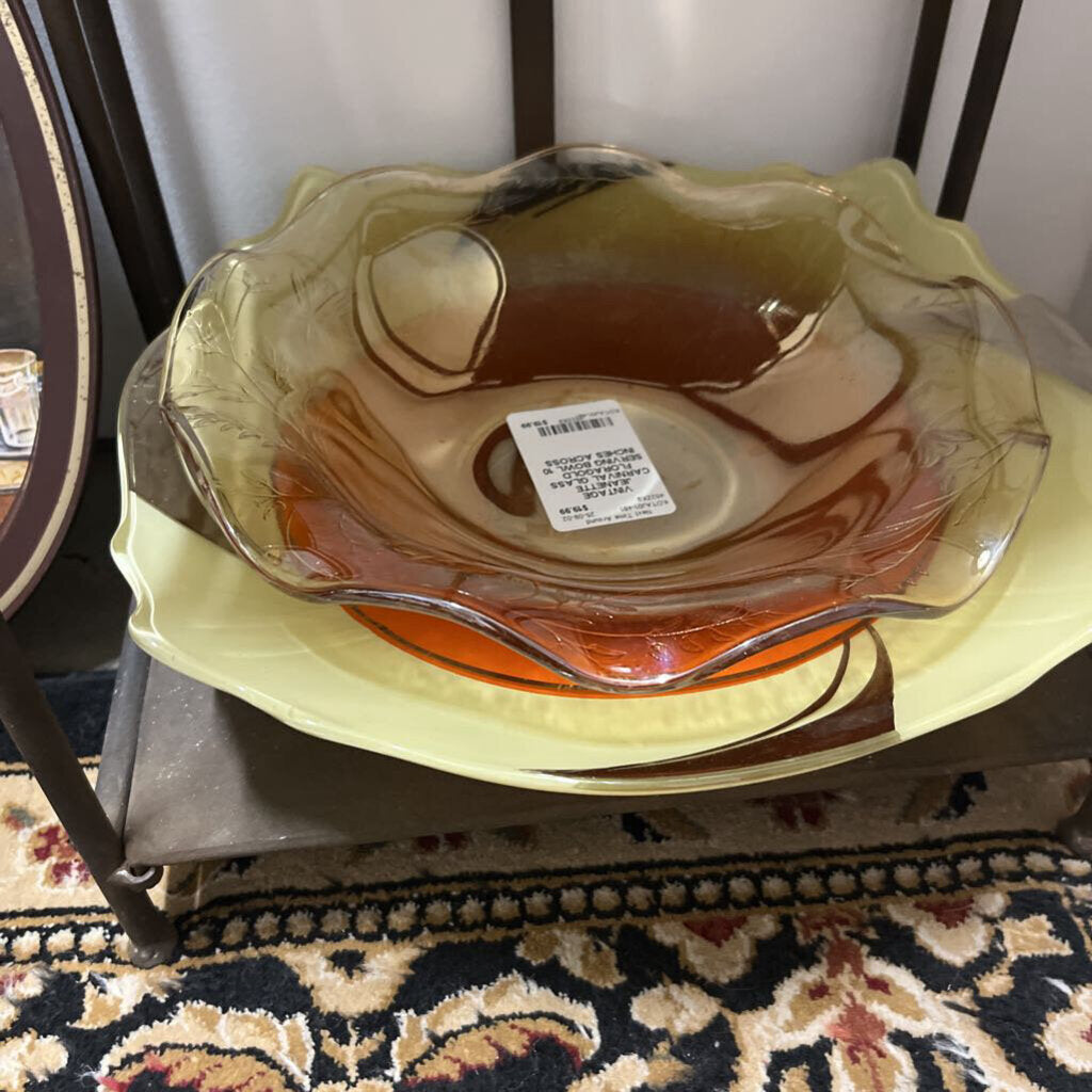 VINTAGE JEANETTE CARNIVAL GLASS FLORAGOLD SERVING BOWL