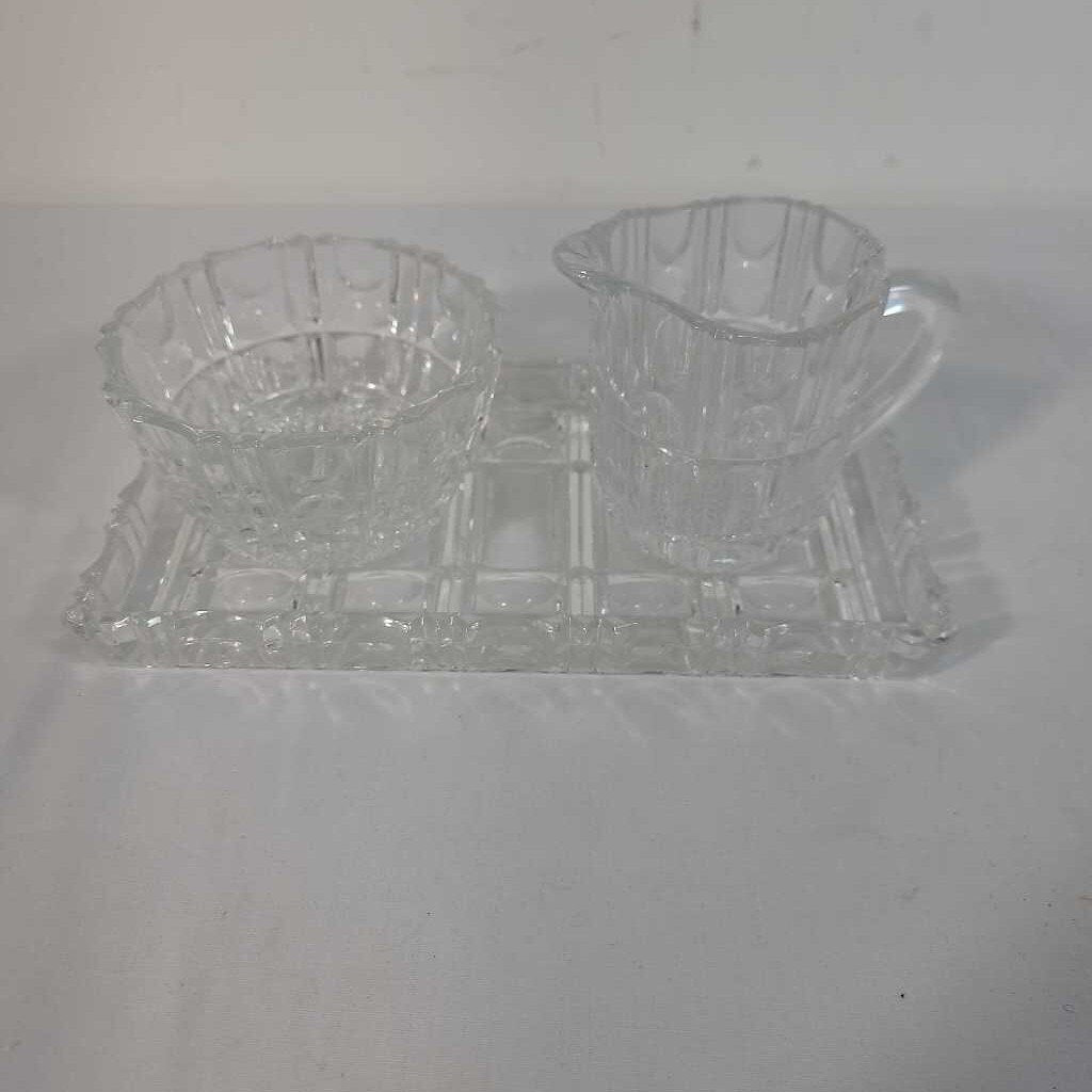 BOHEMIA CRYSTAL CREAM & SUGAR W/SERVING PLATTER