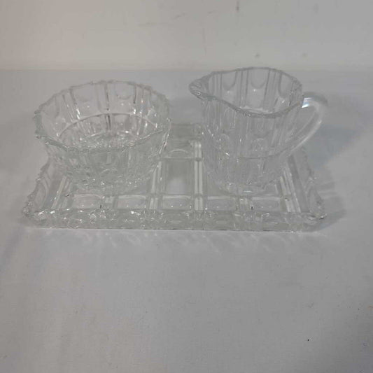 BOHEMIA CRYSTAL CREAM & SUGAR W/SERVING PLATTER