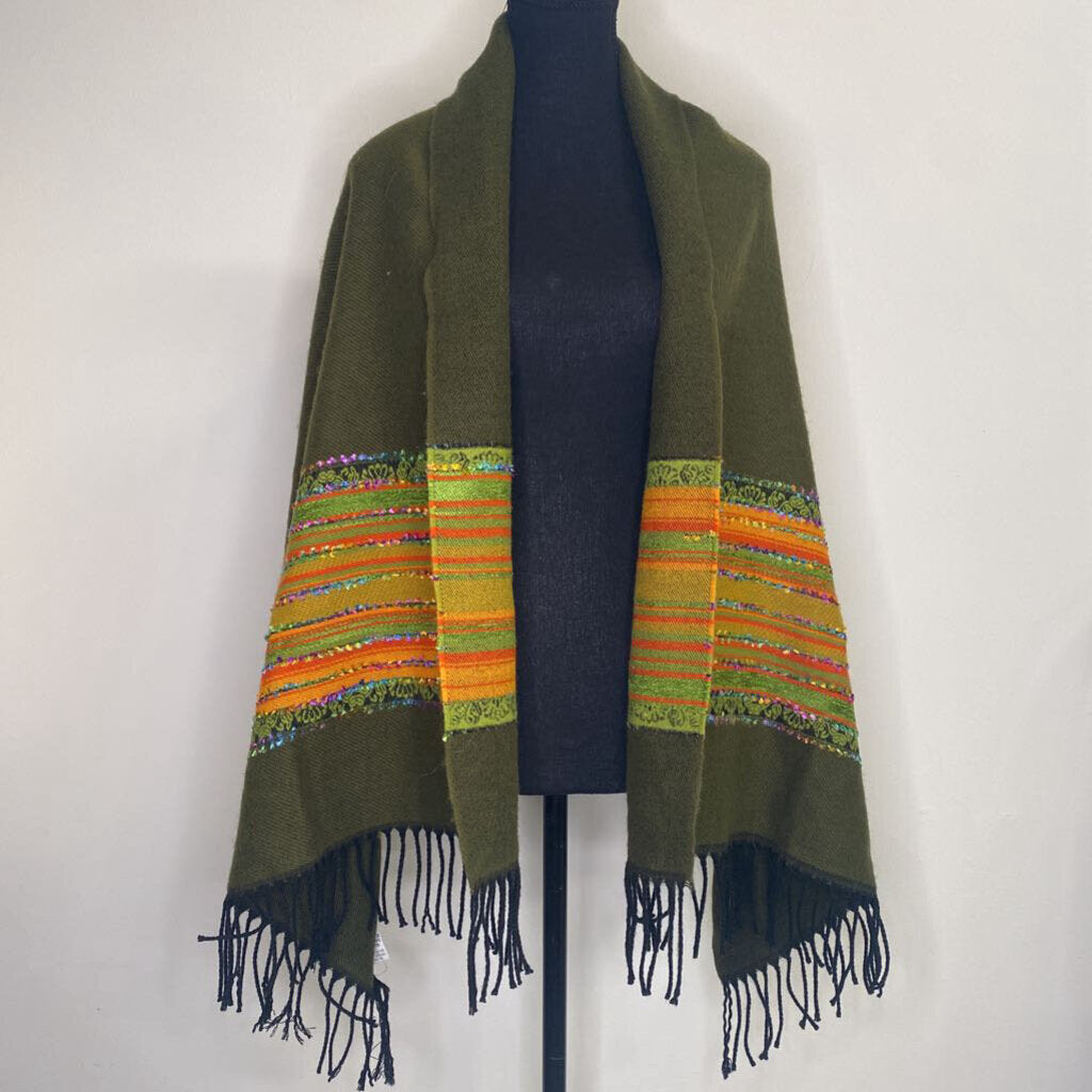 MULTI-STRIPED DARK GREEN KNIT SCARF W/ TASSELS