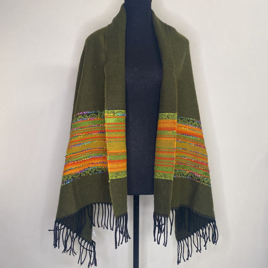 MULTI-STRIPED DARK GREEN KNIT SCARF W/ TASSELS