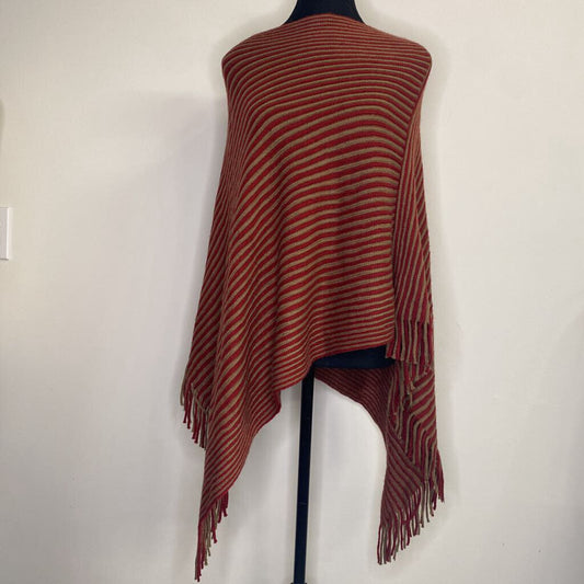 KNIT RED/BROWN STRIPED PONCHO W/ TASSELS