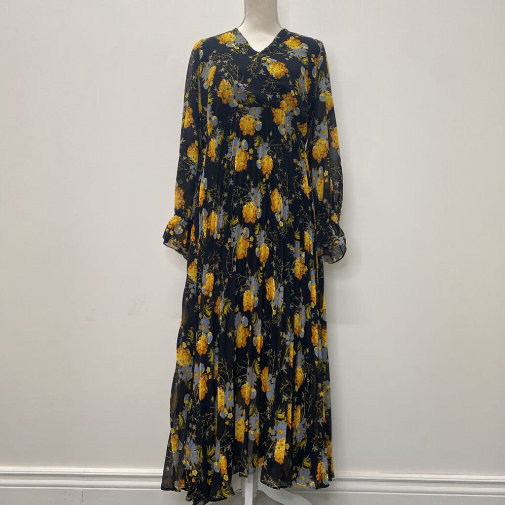 BUFFALO - L/S BLACK PLEATED MAXI DRESS W/ FLORALS