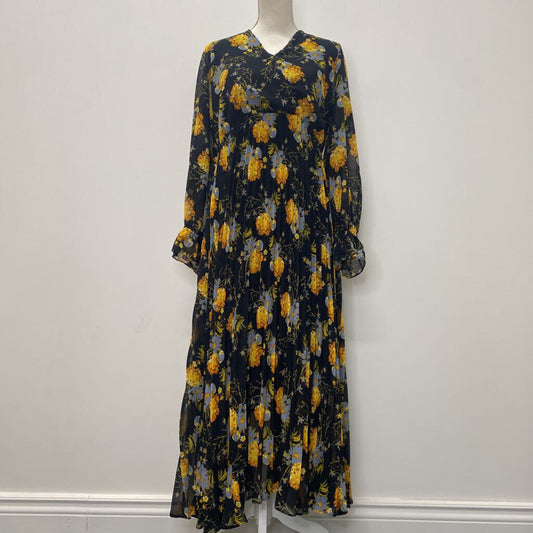 BUFFALO - L/S BLACK PLEATED MAXI DRESS W/ FLORALS