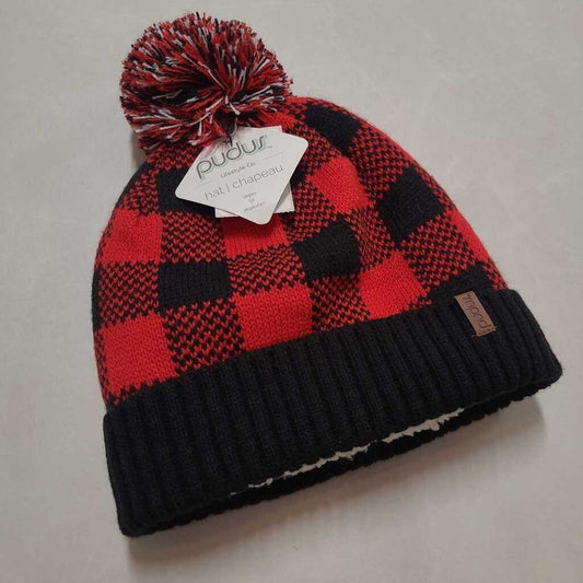*NWT* - PUDUS - RED/BLACK PLAID FLEECE LINED TOQUE W/ POMPOM