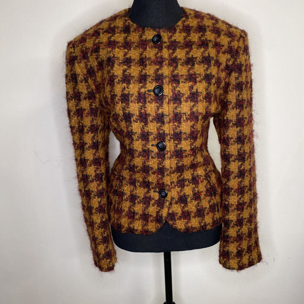 JONES NEW YORK - MUSTARD/RED WOOL BLEND HOUNDSTOOTH BLAZER
