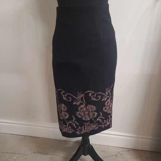 TRISTAN - BLACK WOOL-BLEND SEQUIN CROSS STITCH PATTERN PENCIL SKIRT