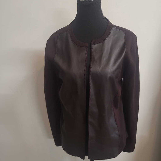 BROWN LEATHER & KNIT OPEN SWEATER