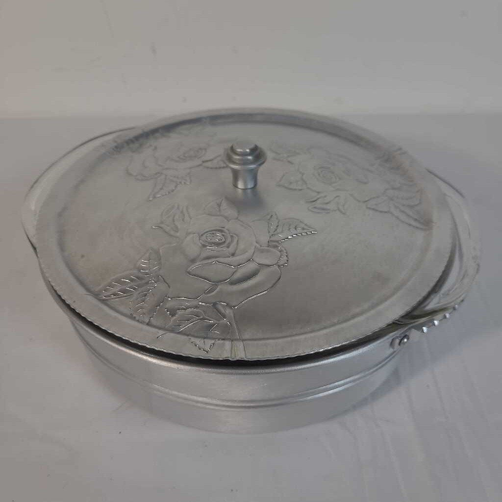 VTG FORGED ALUMINUM CASSEROLE SERVER W/ROSES