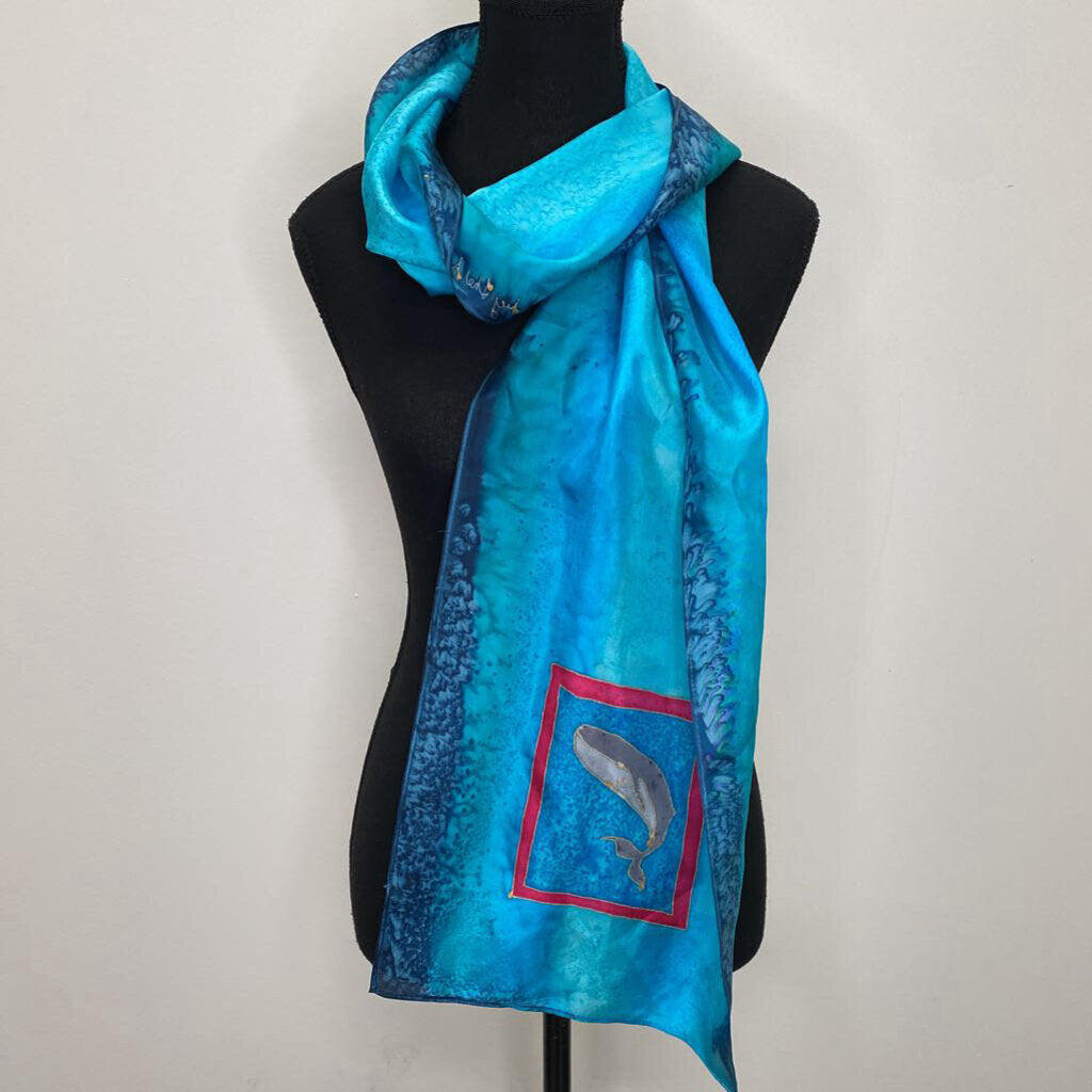 THE SEA URCHIN - HANDPAINTED TEAL SILK SCARF W/ WHALES