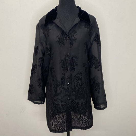LINDOR - BLACK L/S BUTTON-UP BLOUSE W/ VELVET PAISLEY