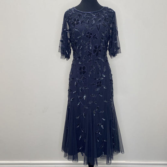 *NEW WITH TAGS* ADRIANNA PAPPEL - NAVY FLORAL BEADED S/S MIDI DRESS