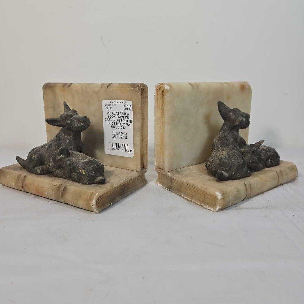 PR ALABASTER BOOK ENDS W/ CAST IRON SCOTTIE DOGS