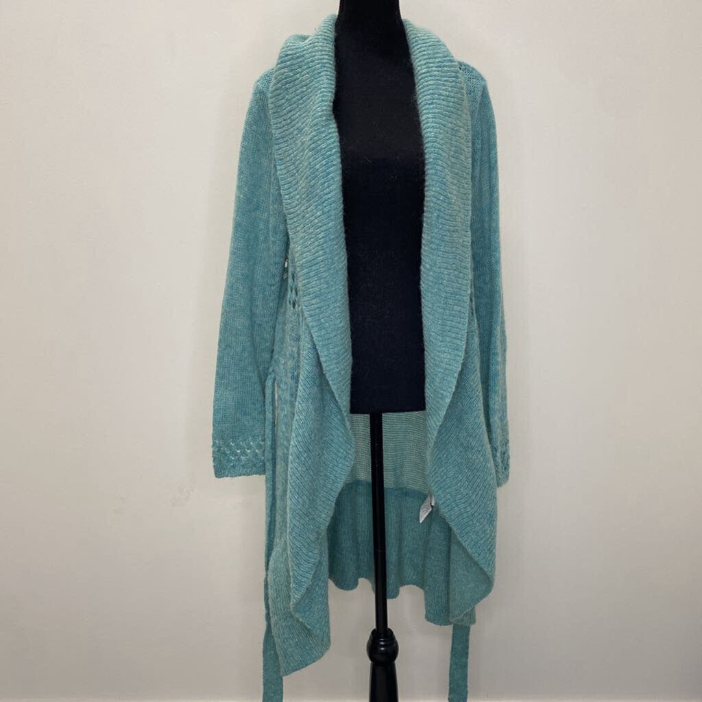 OLSEN - LONG WOOL-BLEND BLUE KNIT CARDIGAN