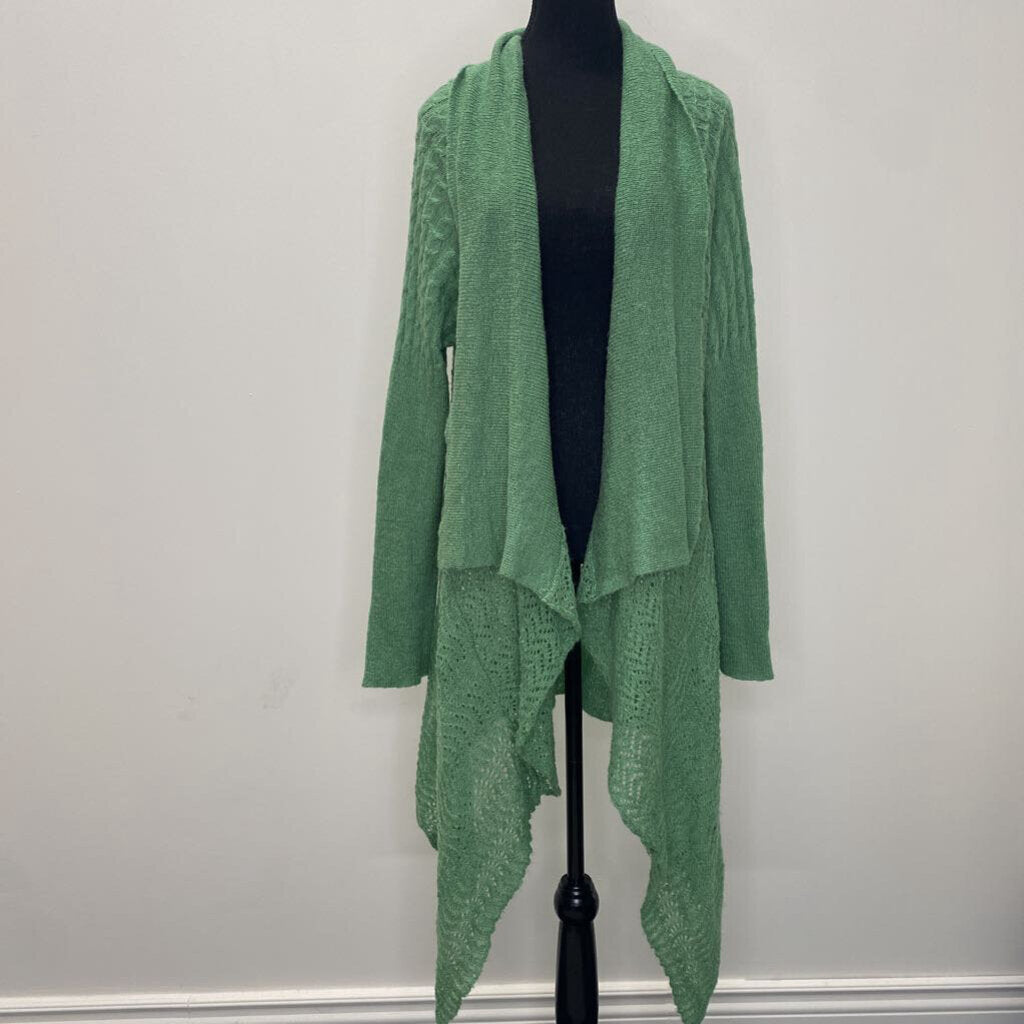 FEVER - LONG GREEN KNIT WOOL-BLEND RUFFLED CARDIGAN